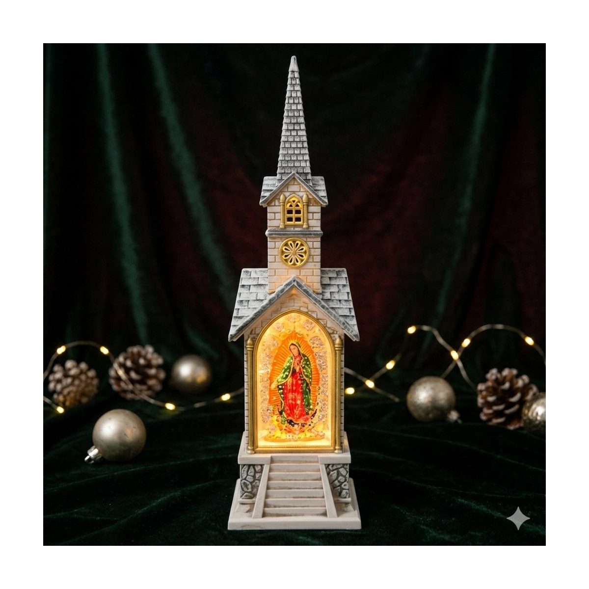 Lampara castillo con imagen de la Virgen de Guadalupe