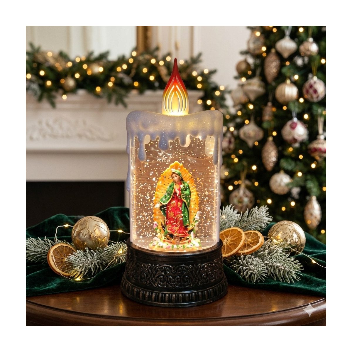 Adorno de vela con imagen de la Virgen de Guadalupe