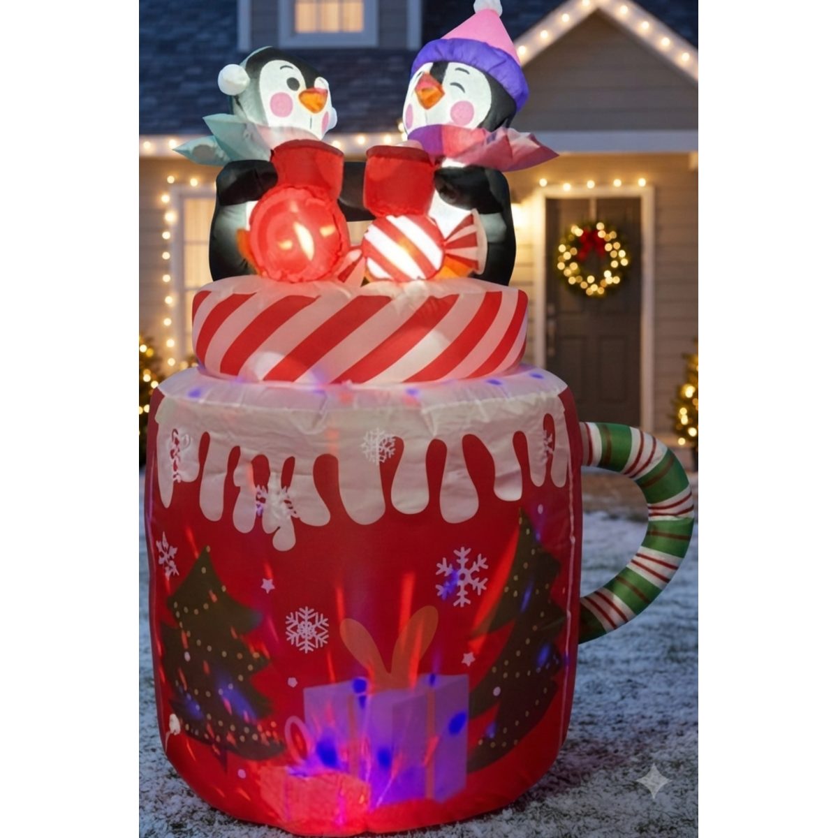 FIGURA DECORATIVA INFLABLE DE PINGÜINO CON TAZA 180CM
