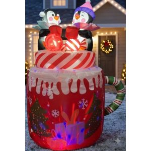 FIGURA DECORATIVA INFLABLE DE PINGÜINO CON TAZA 180CM