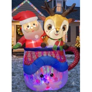 FIGURA DECORATIVA INFLABLE DE SANTA Y RENO CON TAZA 180CM